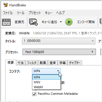 HandBrakeで出力形式を選択